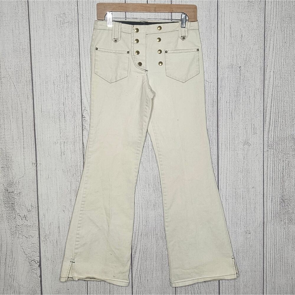 VTG 60s 70s White Sailor Flare Pants Snap Front High Waist Denim, 28x30